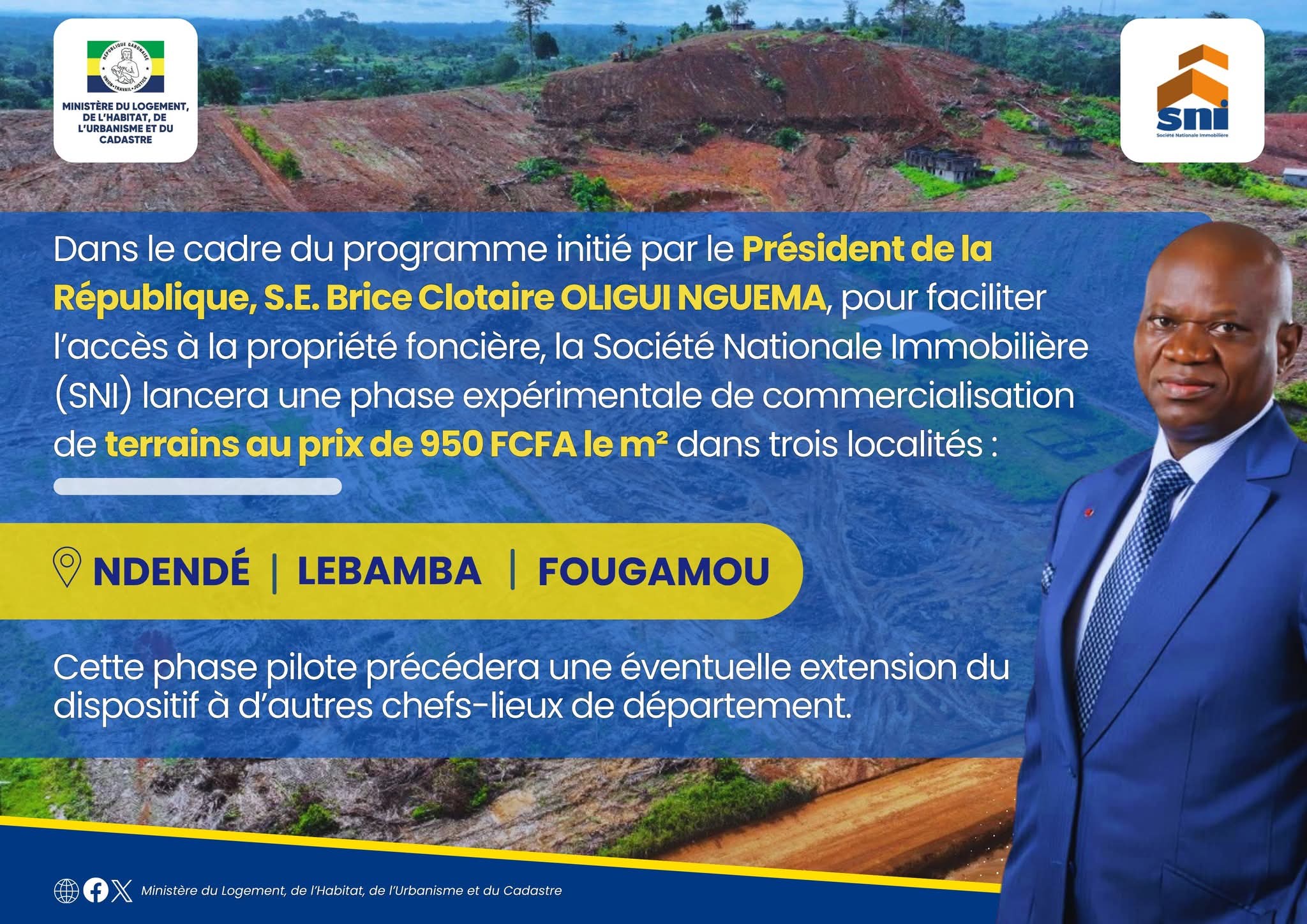 Ndendé, Lébamba et Fougamou: la Société Nationale Immobilière lance la commercialisation de terrains viabilisés à prix social de 950 FCFA le mètre carré
